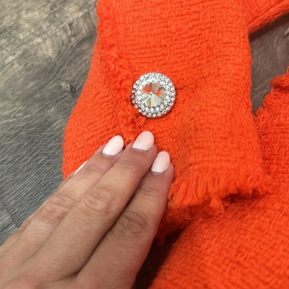 Zara Bright Orange Red Tweed Diamond Button Blazer - Picture 11 of 15